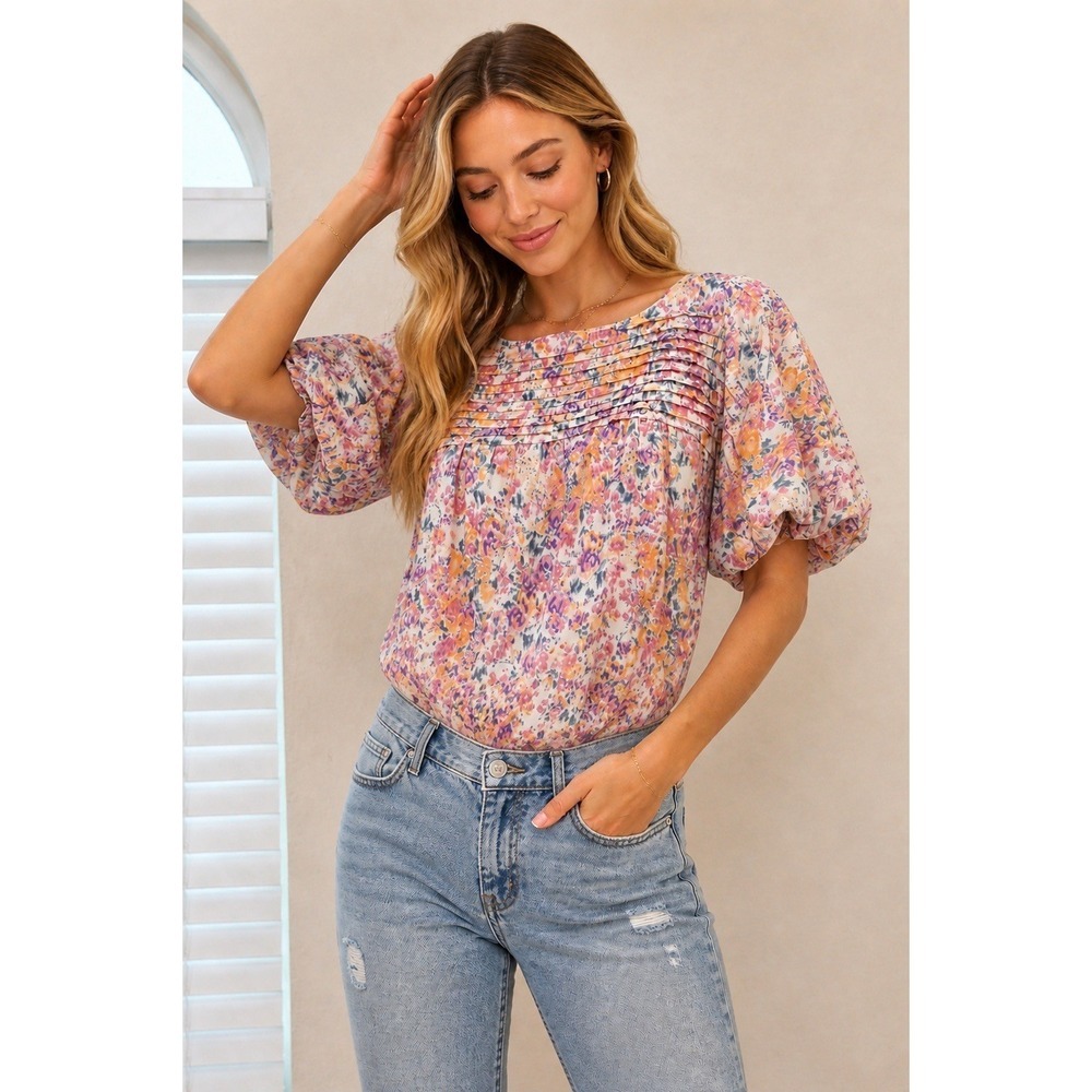 Entro Floral Bodysuit Top Women Large Puff Sleeve Pleated Boho Cottagecore